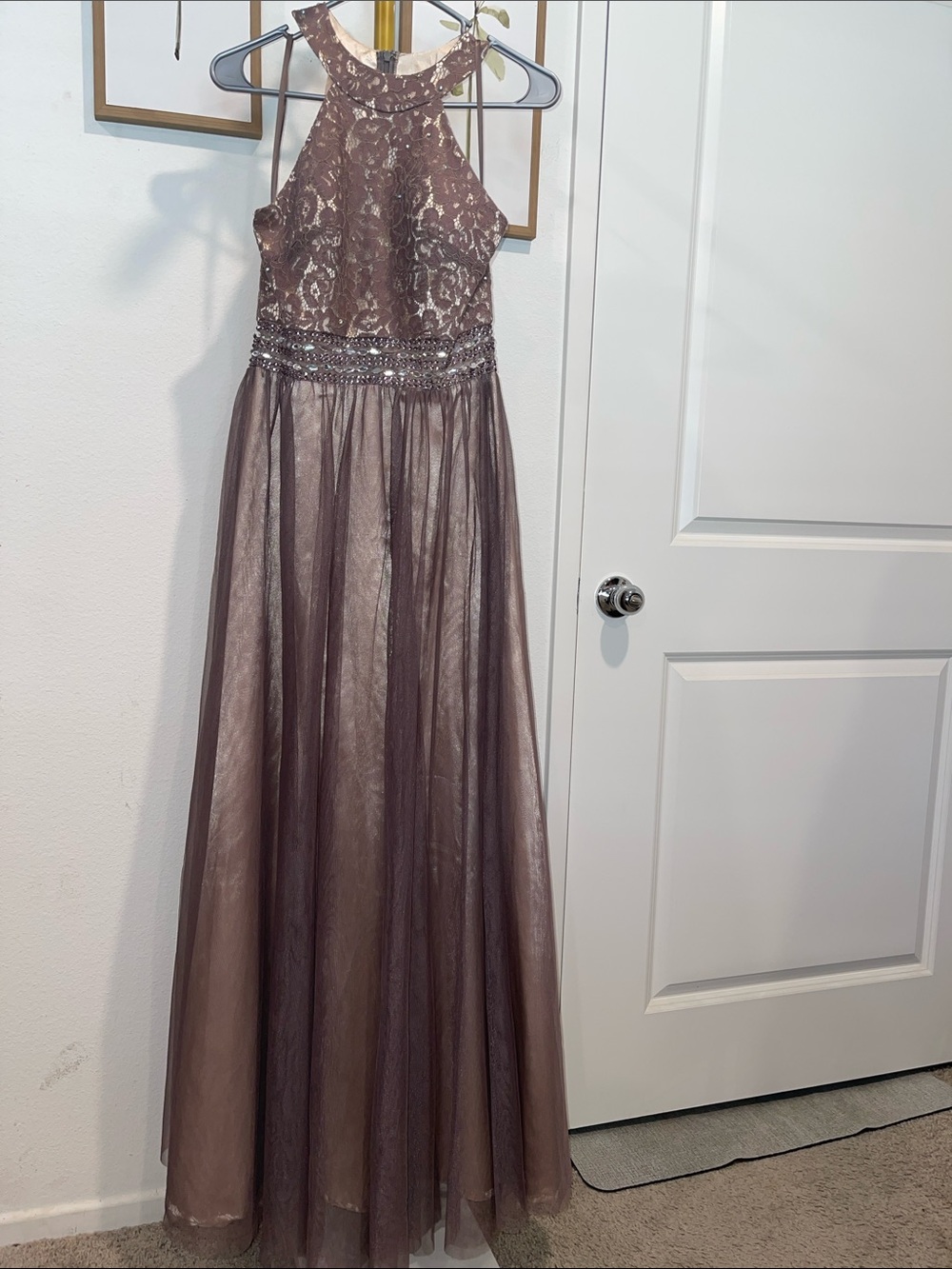 Mauve Lace Halter Evening Gown with Beaded Waist